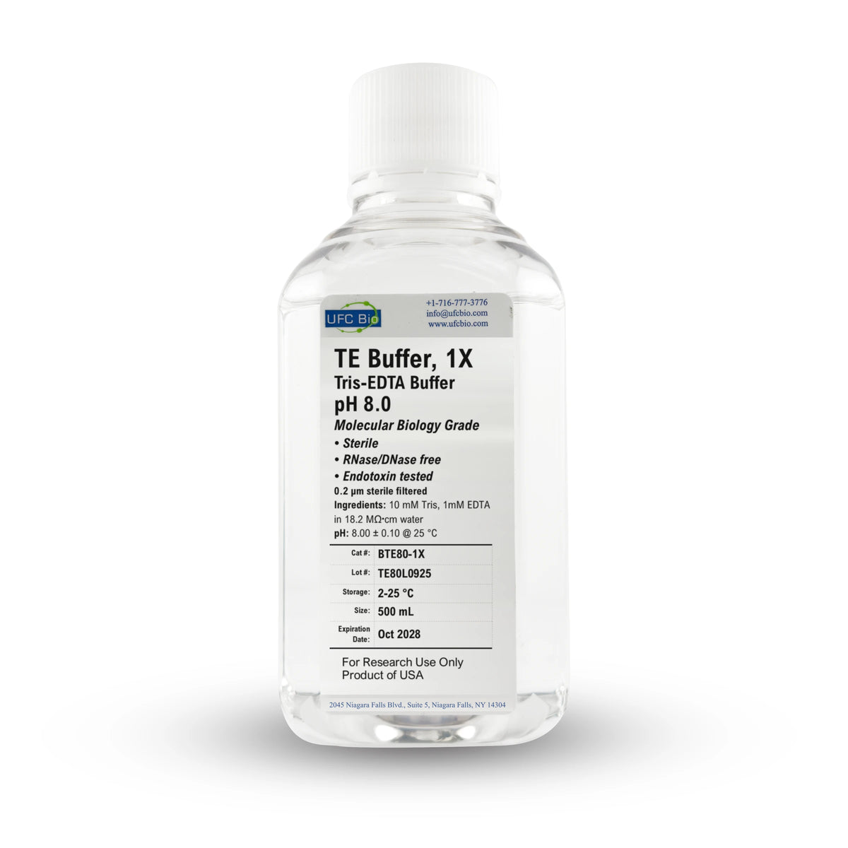 UFC BIO TE Buffer, 1X, pH 8.0, 500 mL bottle, front label close-up (BTE80-1X)