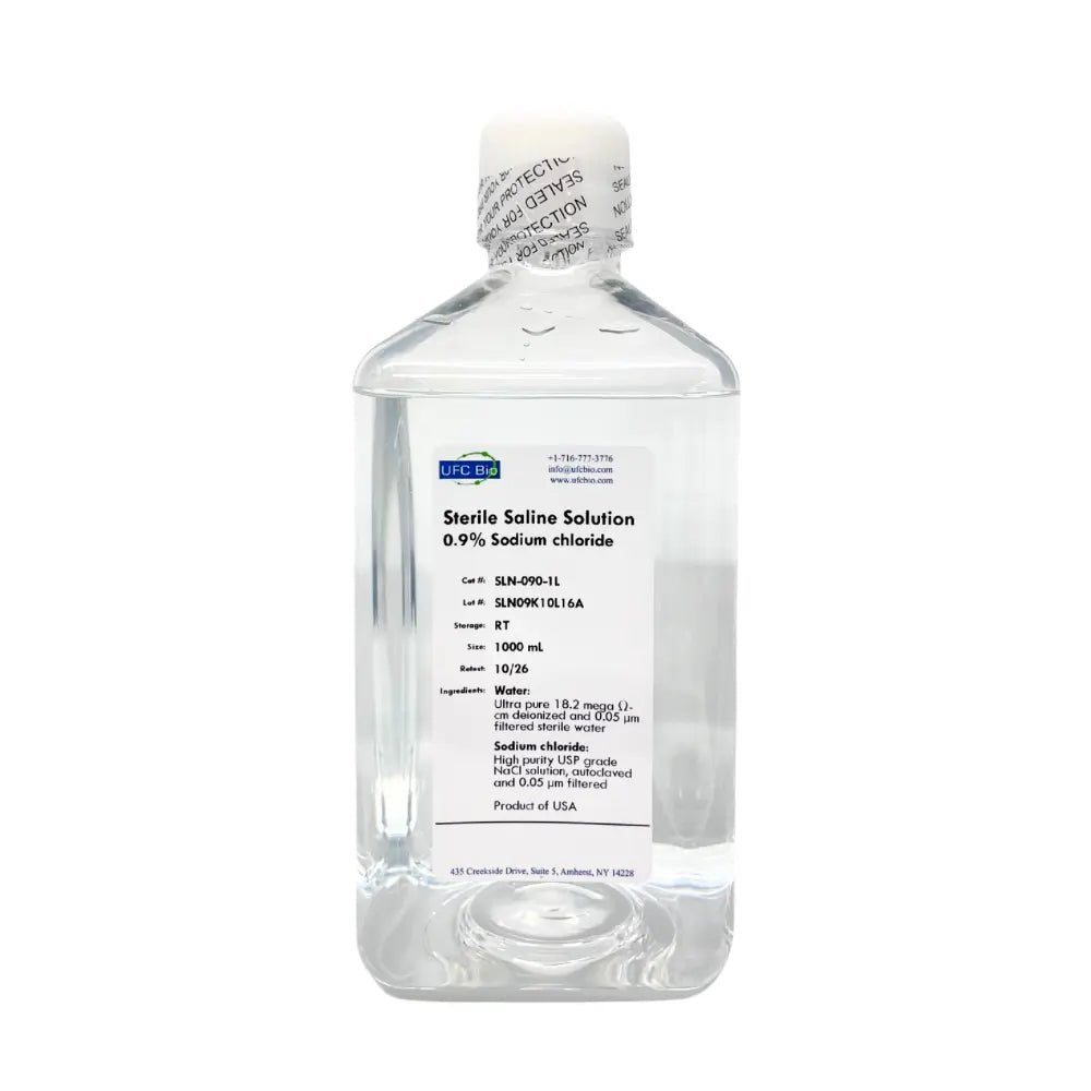 1 L bottle of UFC BIO 0.9% Sterile Saline Solution on a white background