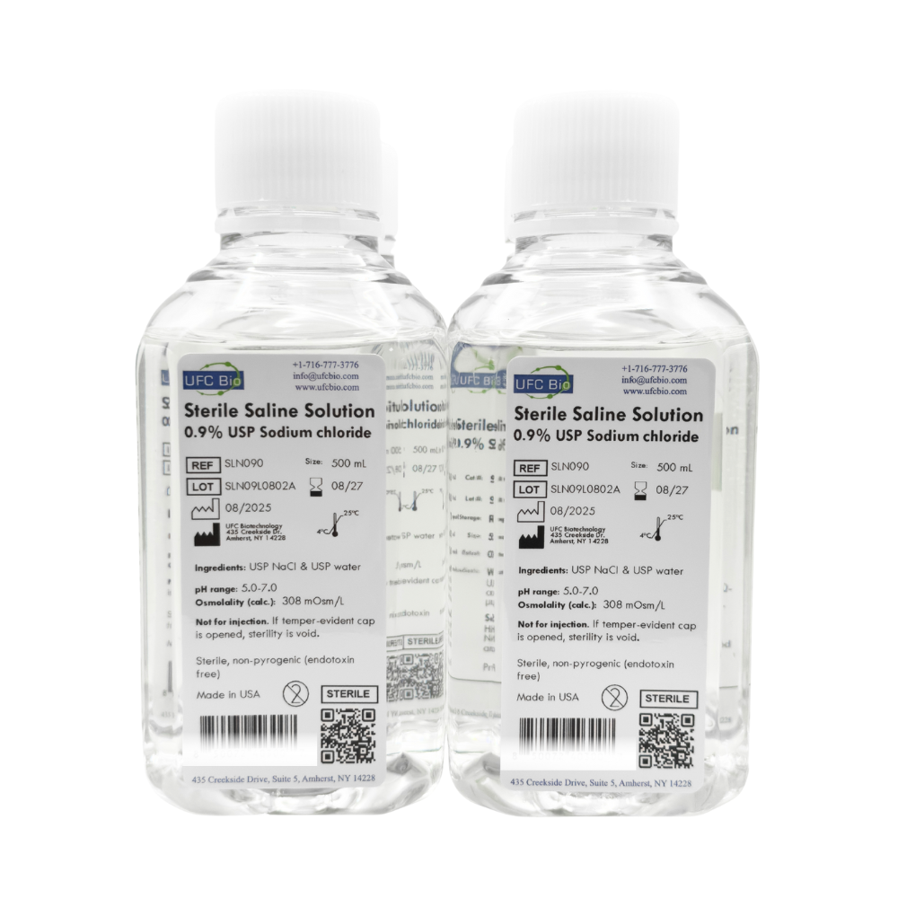 Two bottles of UFC BIO 0.9% Sterile Saline Solution on a white background
