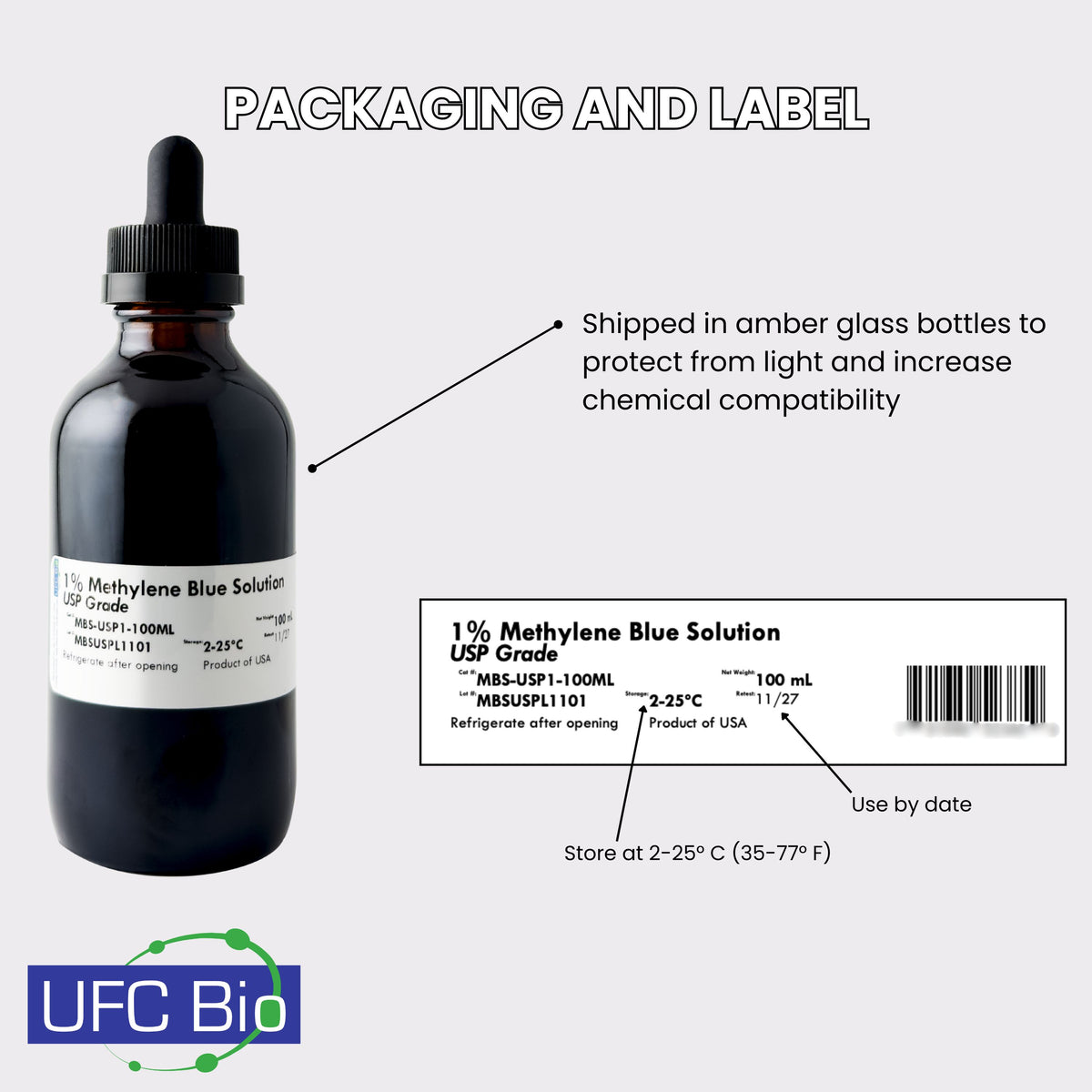 UFC BIO Methylene Blue 1% Solution packaging and label, amber glass bottle