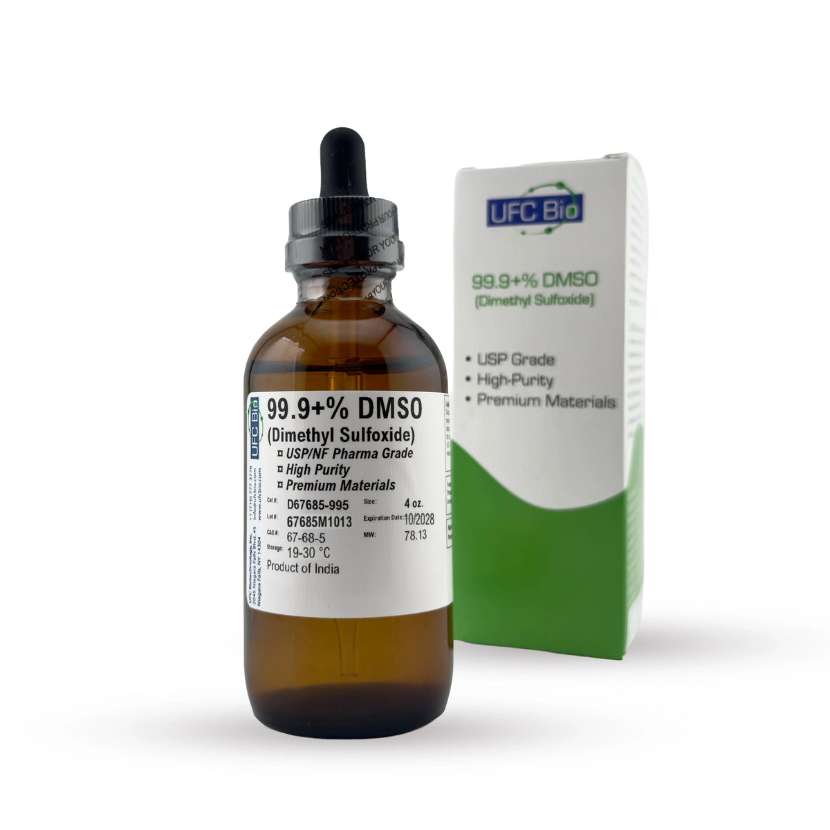 UFC BIO DMSO (Dimethyl Sulfoxide) ≥99.9%, amber glass dropper bottle with box