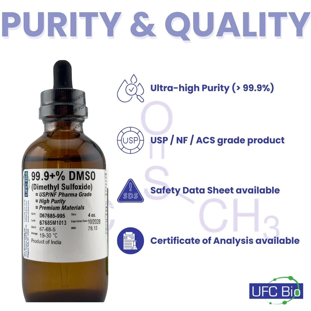 UFC BIO DMSO purity and quality: ≥99.9% purity, USP/NF/ACS grade, Safety Data Sheet and Certificate of Analysis available
