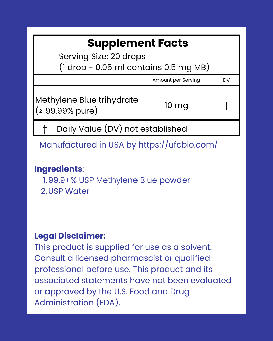 UFC BIO Methylene blue 1% Supplement Facts