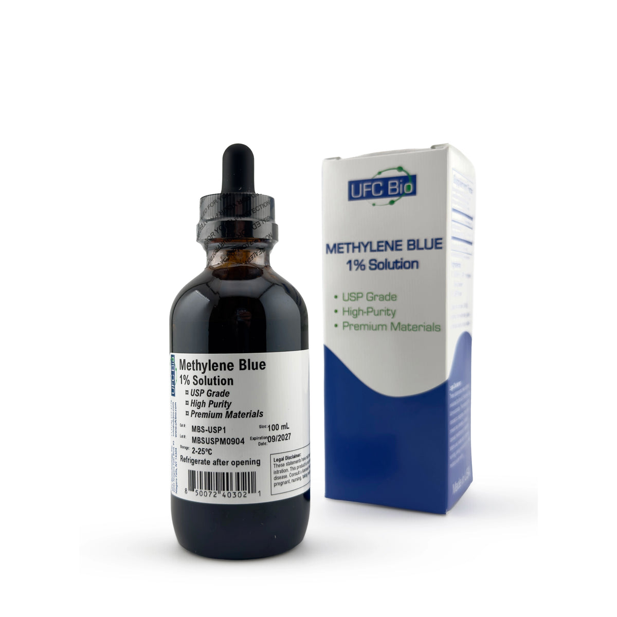 UFC BIO Methylene Blue 1% Solution, amber glass dropper bottle with box