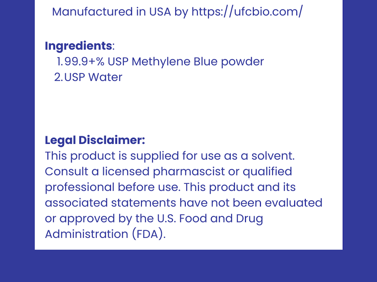 UFC BIO Methylene Blue 1% Solution ingredients and legal disclaimer