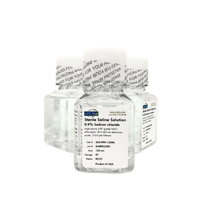 Three bottles of 125MLof UFC BIO 0.9% Sterile Saline Solution on a white background 