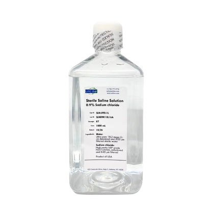 1 L bottle of UFC BIO 0.9% Sterile Saline Solution on a white background 