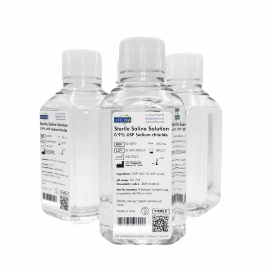 Three bottles of UFC BIO 0.9% Sterile Saline Solution on a white background 
