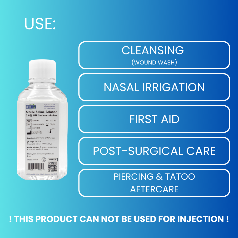 Bottle of saline solution with usage instructions on a blue background