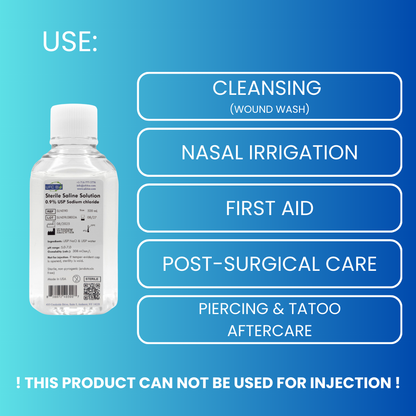 Bottle of saline solution with usage instructions on a blue background