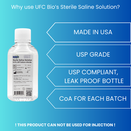 UFC Bio's Sterile Saline Solution bottle with product features on a blue background